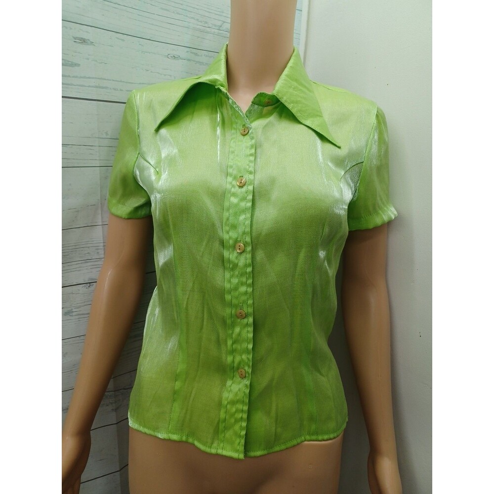 Vtg R Wear Top Blouse Neon Green Button Front Shiny Iridescent Sz S Short Sleeve